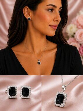 NEW 925 Sterling Silver Set of 2 Black Sapphire Diamond Necklace and Earrings